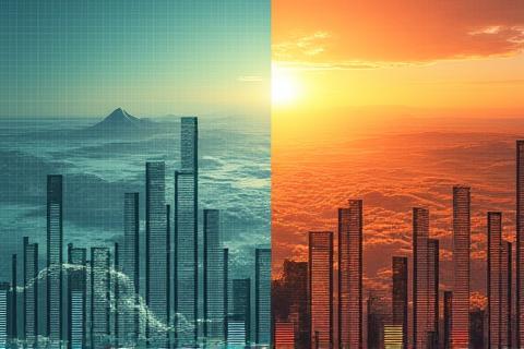 地球温暖化を示すグラフと環境変化の様子